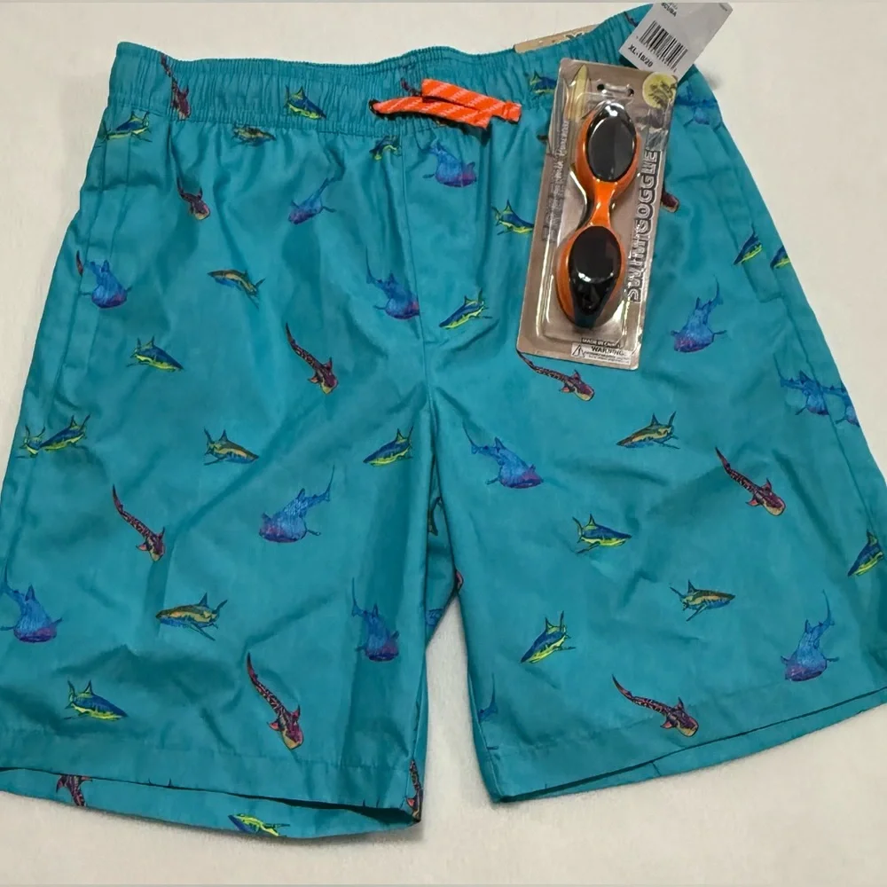 Boys XL-18/20 Teal Shark Print Swim Trunks With Swim Goggle By Zeroxposur - NWT